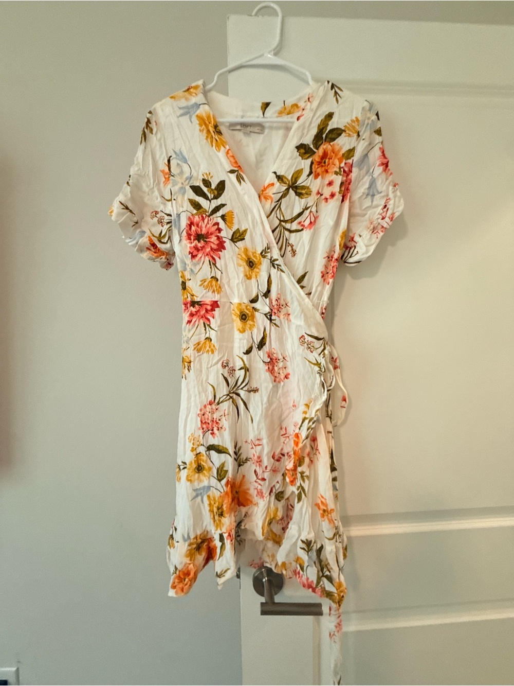LOFT White Floral Wrap Mini Dress with Pink & Yellow Blooms